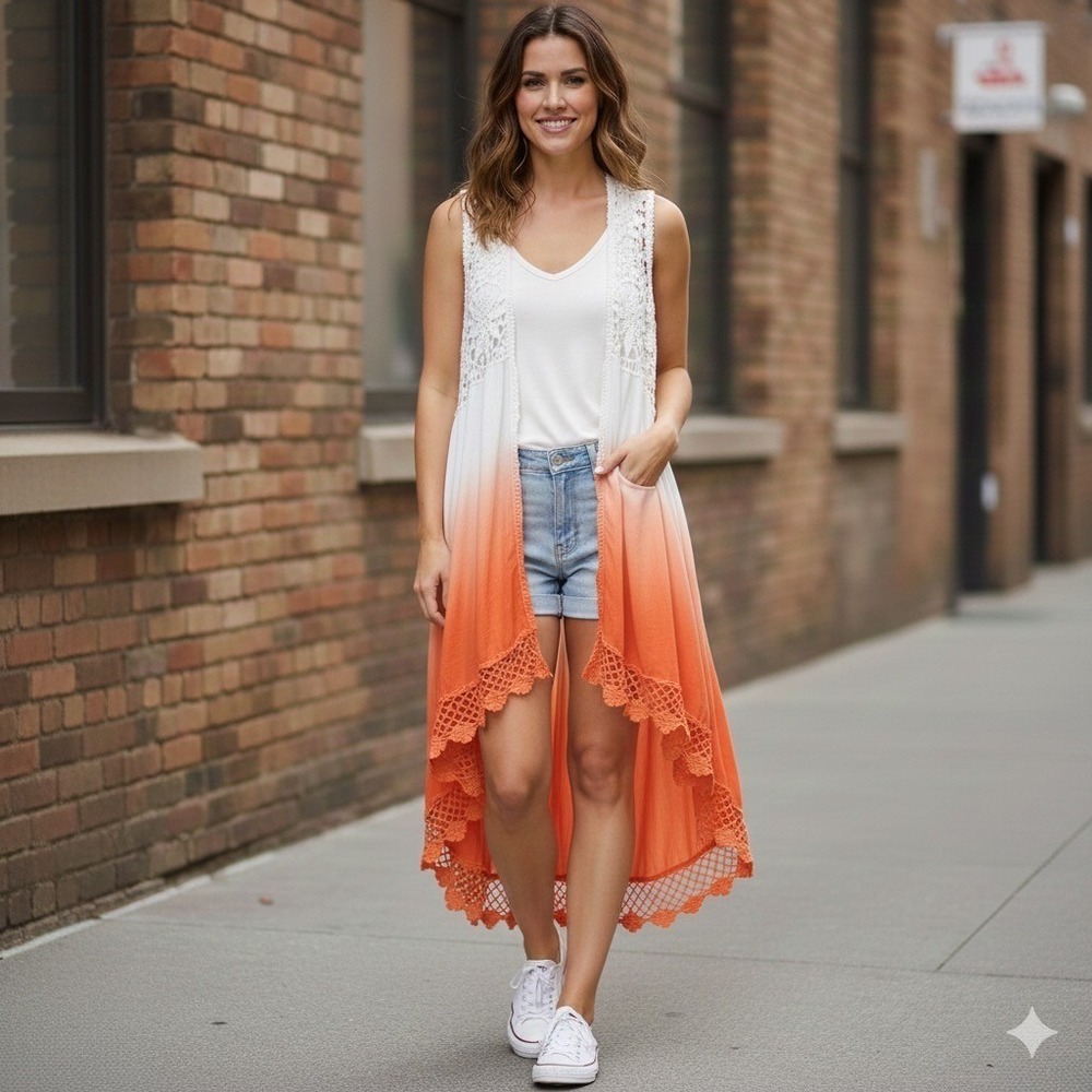 Crochet Lace Trim Kimono Vest Womens Medium Orange White Ombre Duster Boho Chic
